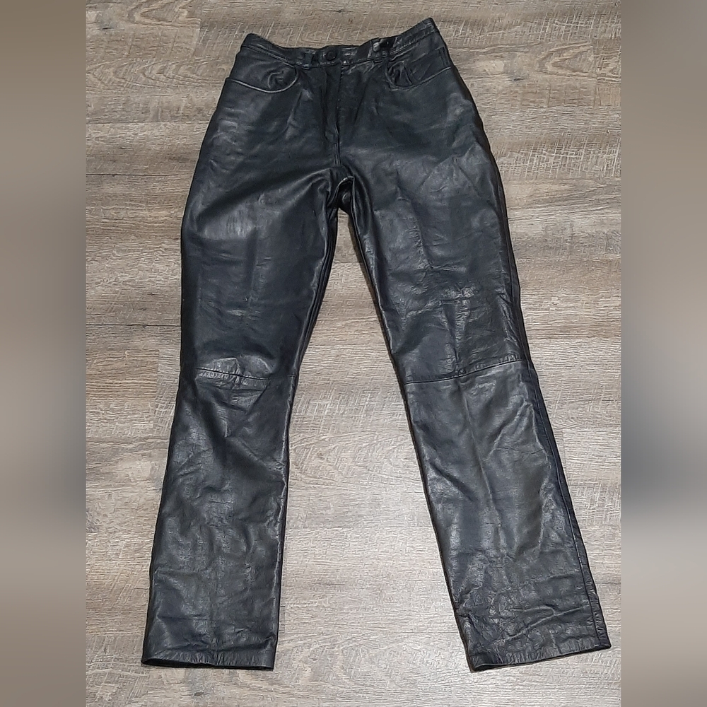 Vintage Oscar Leopold Black Leather Pants Staight Leg Sized 10 Lined Inseam 31"